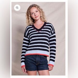 NWOT Sundry Striped V-Neck Cotton Cashmere Sweater Blue, White & Coral Size M